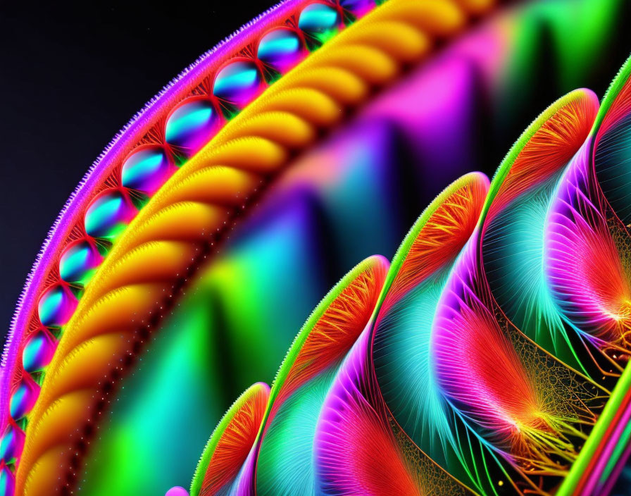 Colorful digital fractal art with neon hues on black background