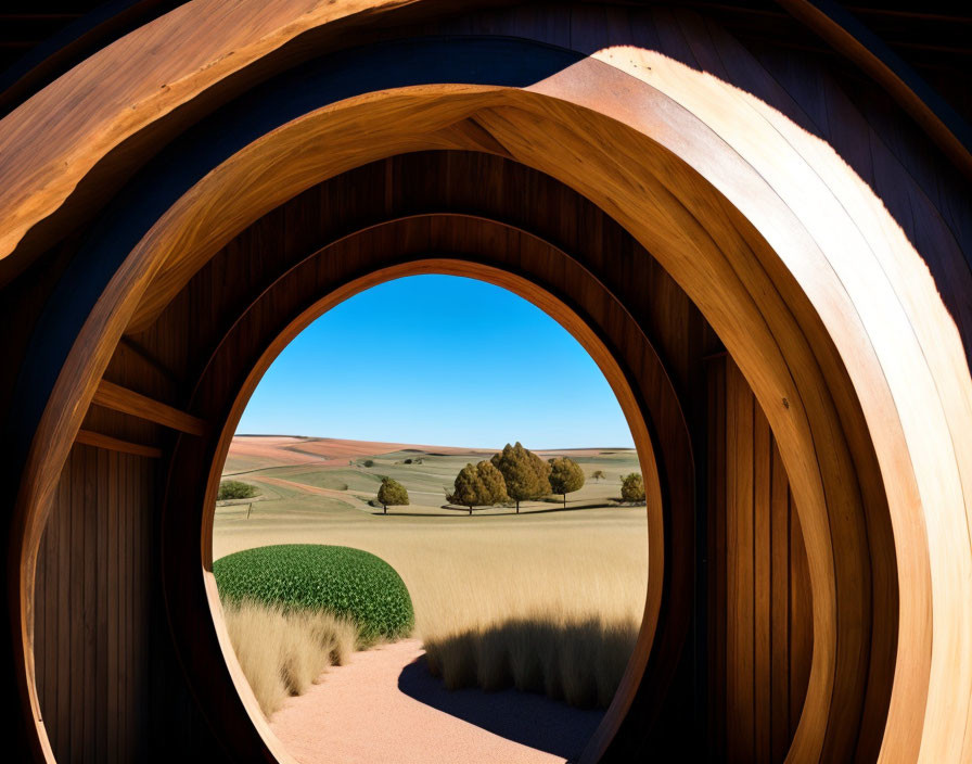 Circular wooden tunnel showcases scenic landscape with blue sky and rolling hills