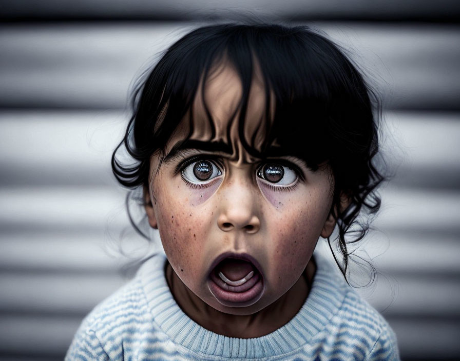 Child with freckles in sweater against striped background shows surprise.