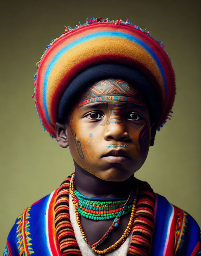 Child with tribal face paint and colorful hat and beads on tan background