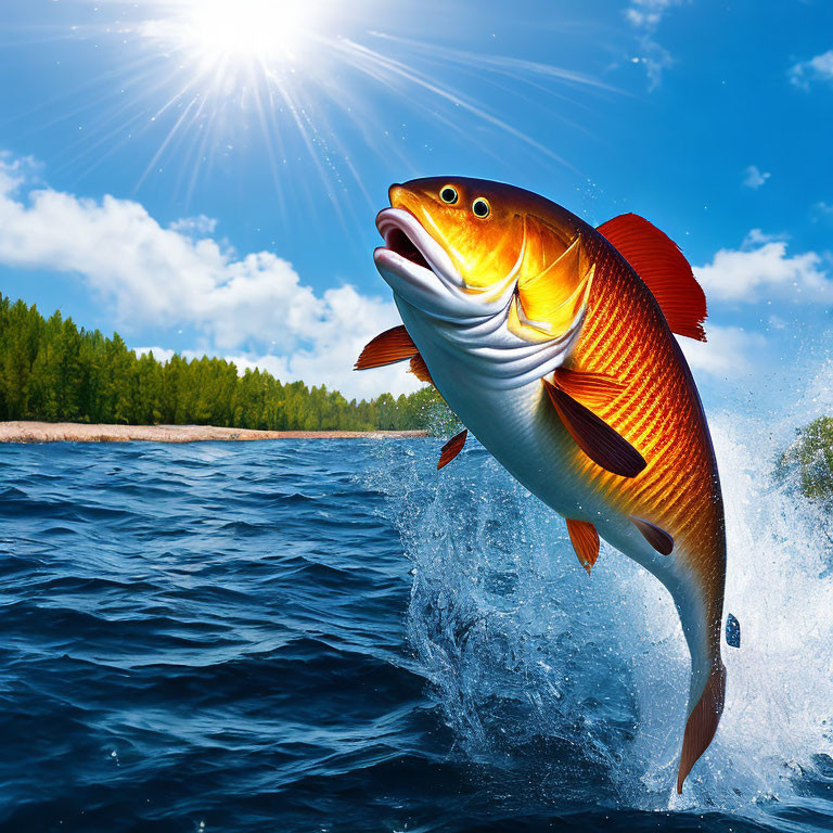 Colorful fish jumping under sunny sky with forest backdrop