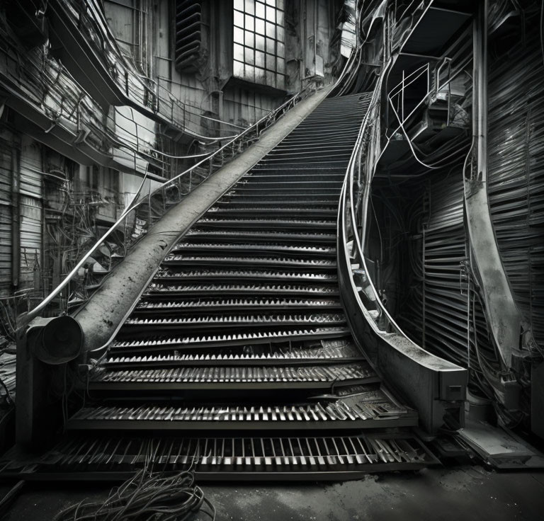 Monochrome image of dilapidated industrial staircase with machinery and cables.