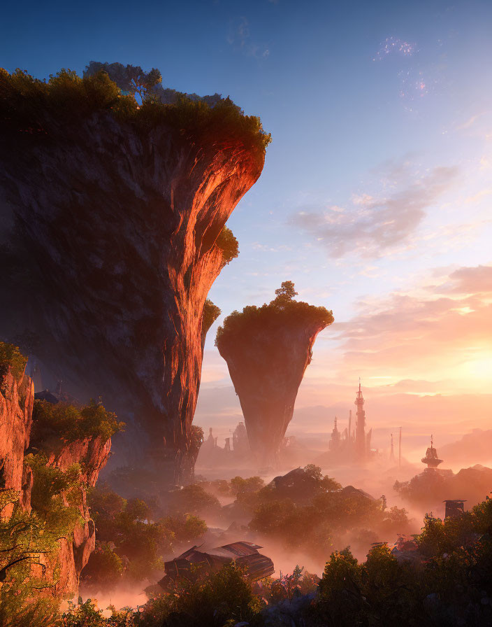 Mystical landscape with towering rocks, lush greenery, and vibrant sunrise