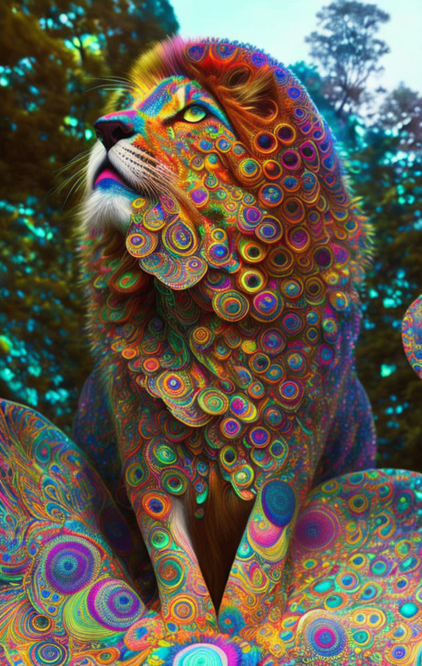 Colorful Psychedelic Lion Illustration with Forest Background