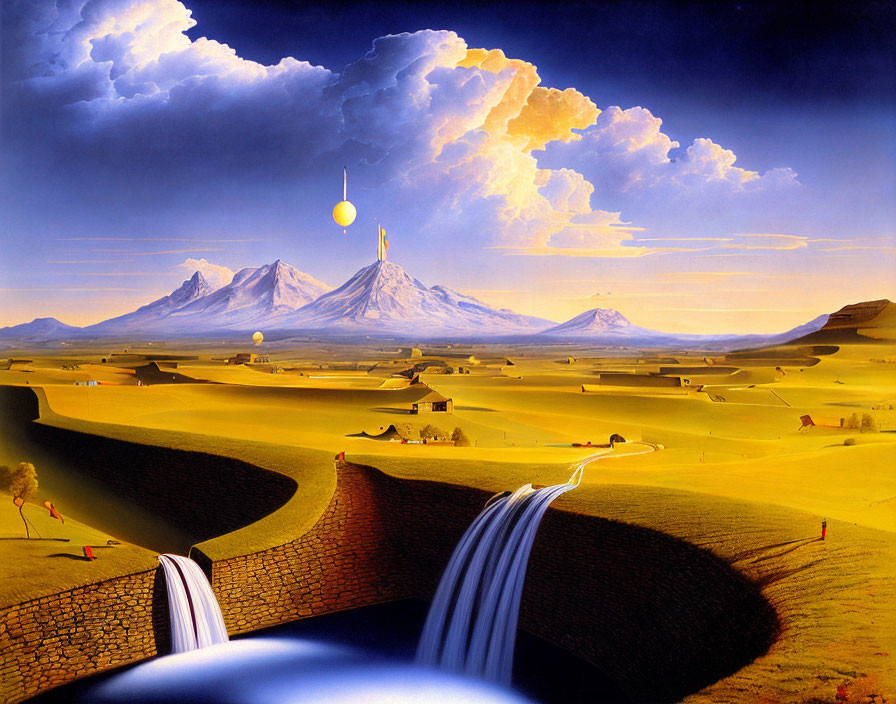 Surreal landscape with rolling hills, waterfalls, sun, mountains, and cloudy sky