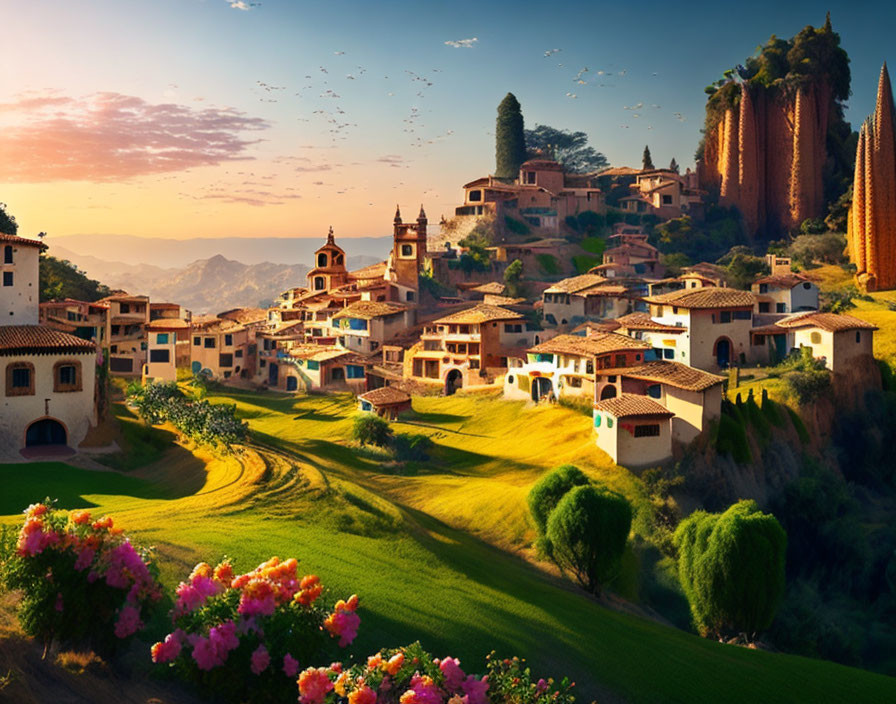 Scenic village with terracotta-roofed houses and vibrant flowers amid rolling hills