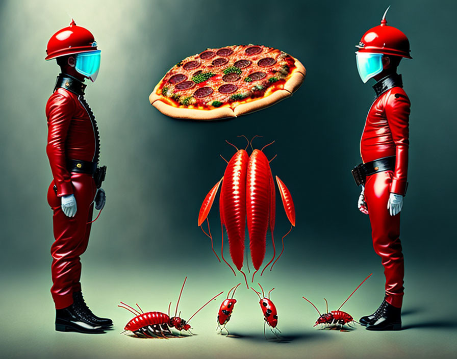 Two individuals in red suits with bubble helmets imagine pizza and giant cockroach.