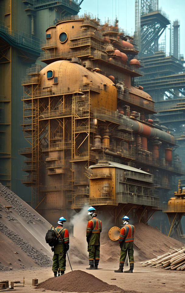 Industrial site workers in hard hats among towering structures and raw materials.