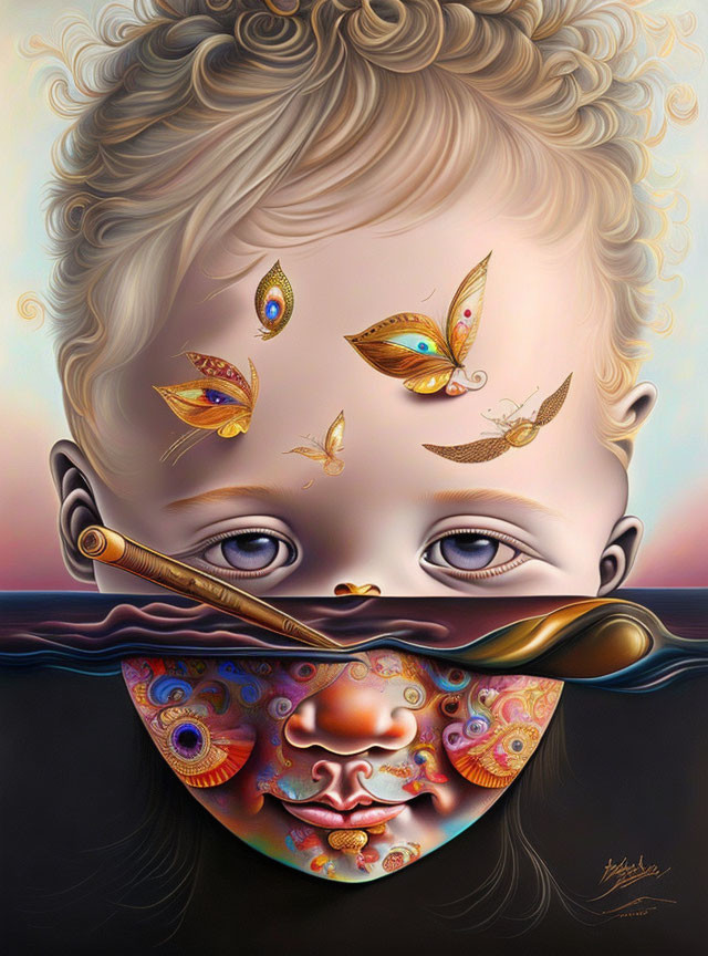 Surreal artwork: Child's face submerged with fish and butterflies