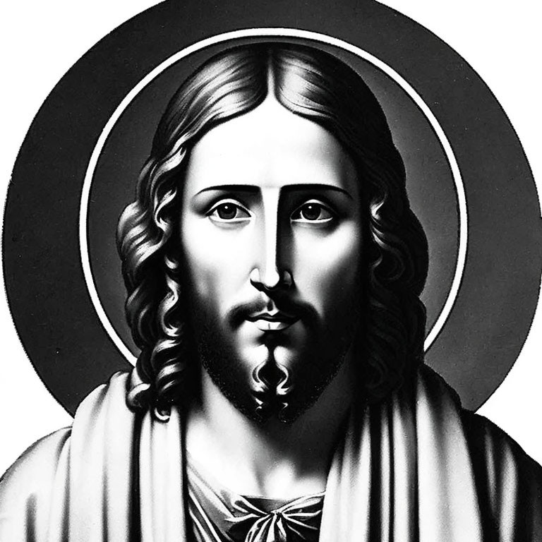 Monochromatic symbolic representation of a religious figure with long hair and a halo