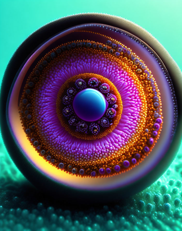 Colorful Abstract Fractal Art: Layered Spheres in Purple and Orange on Teal Background