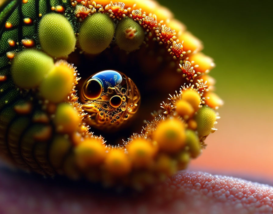 Fractal sea creature pattern on human finger with golden structures, green and orange spheres