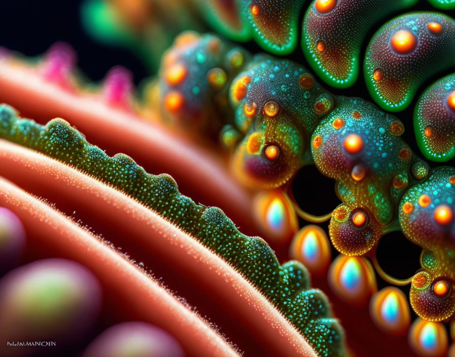 Colorful Sea Creature with Bumpy Texture and Iridescent Spots next to Soft Coral Edge