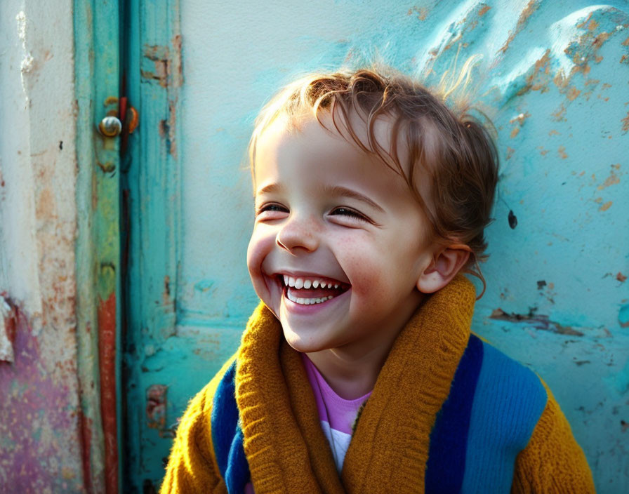 Curly-Haired Toddler Laughing by Rustic Blue Door in Yellow Scarf