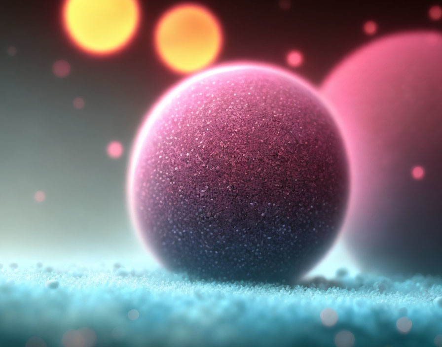 Textured spheres with frost-like coating on bokeh background