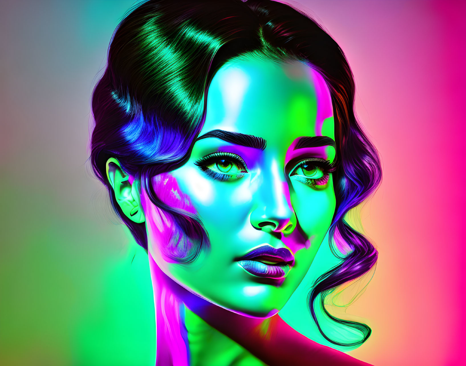 Vibrant neon colors in a digital art portrait of a woman