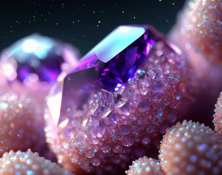 Purple Gemstone Surrounded by Crystals on Dark Starry Background