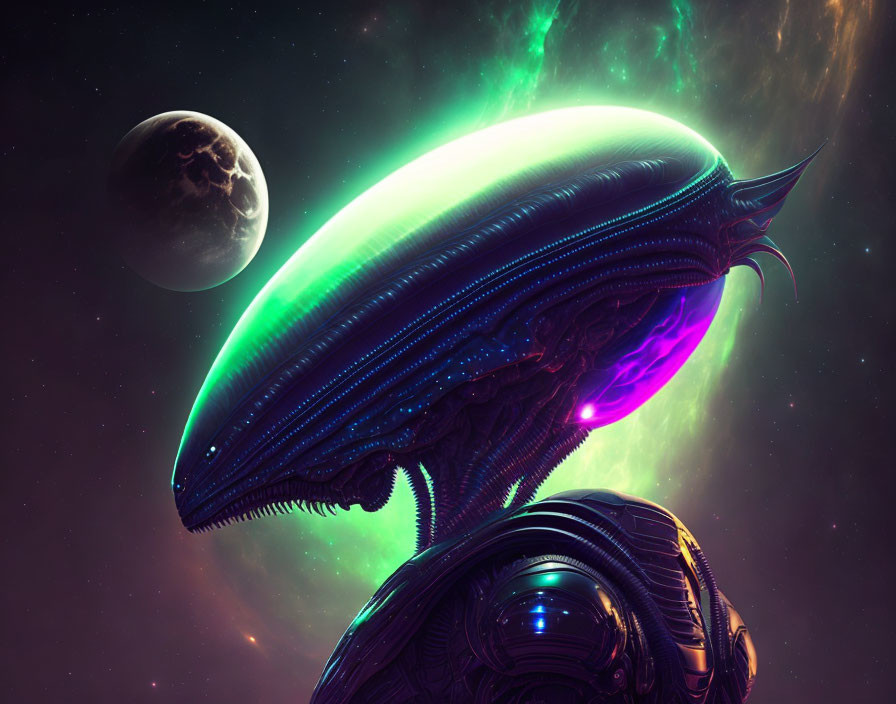 Alien biomechanical spaceship in cosmic digital artwork