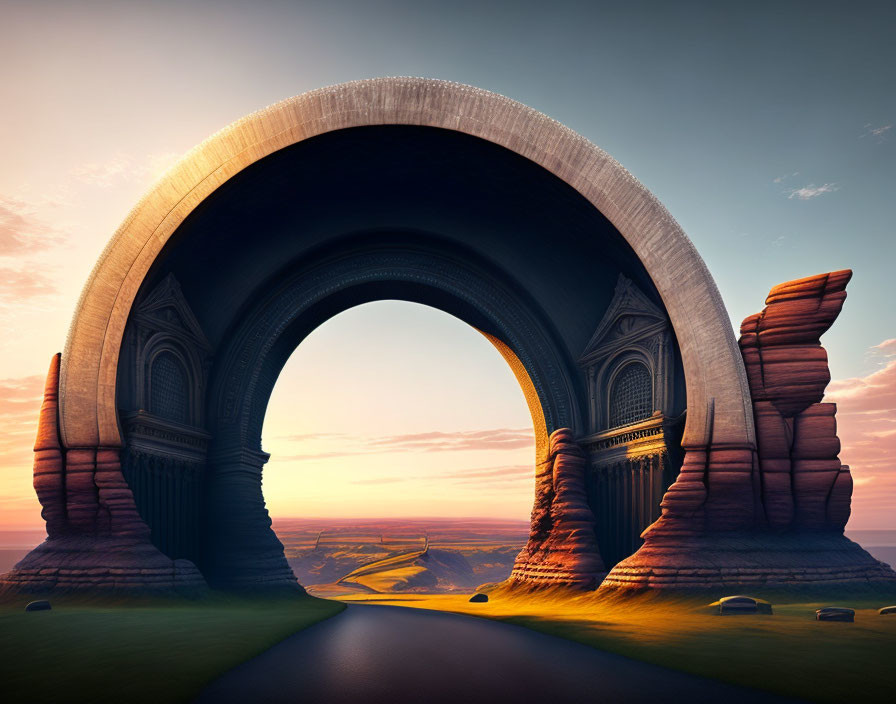 Massive surreal arch with intricate designs over road to sunset horizon