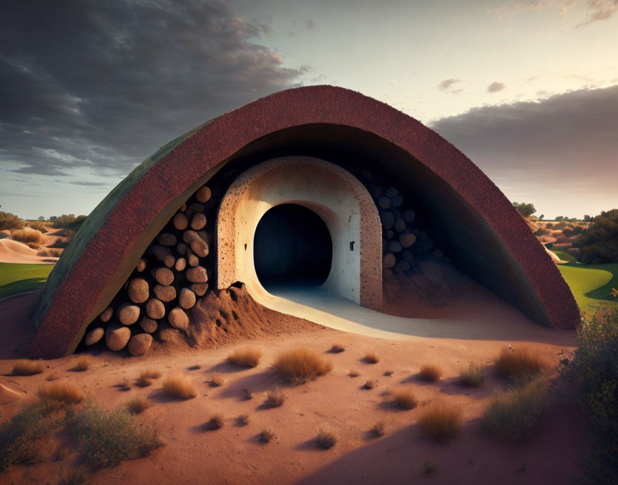 Dome-shaped eco-friendly desert structure with timber elements blending into arid landscape at dusk