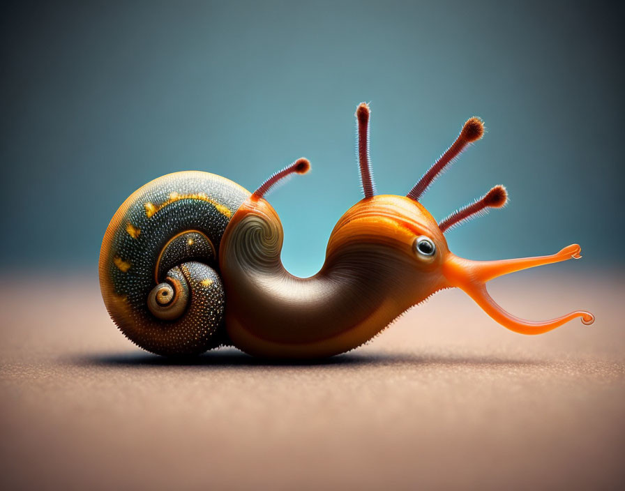 Colorful digitally created snail with exaggerated features on blue background