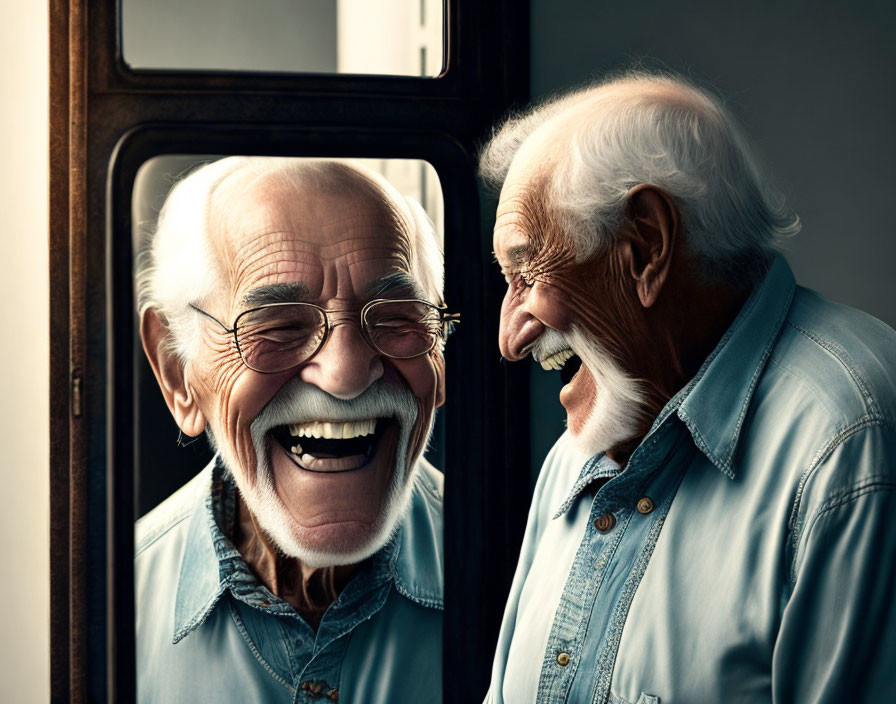 Elderly men in glasses laughing near open door in denim shirts