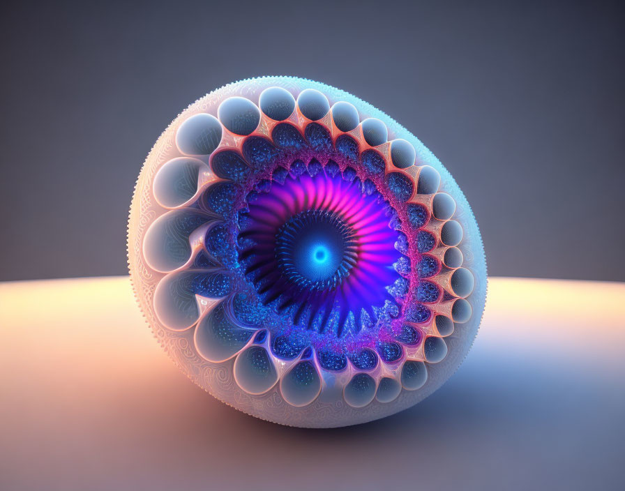 Intricate Blue and Purple Fractal Patterns on Egg-Shaped 3D Object