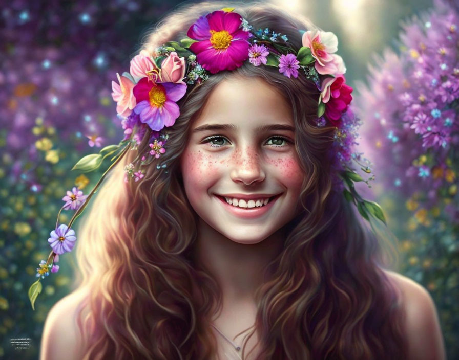 Smiling girl with floral crown in lush greenery & colorful flowers