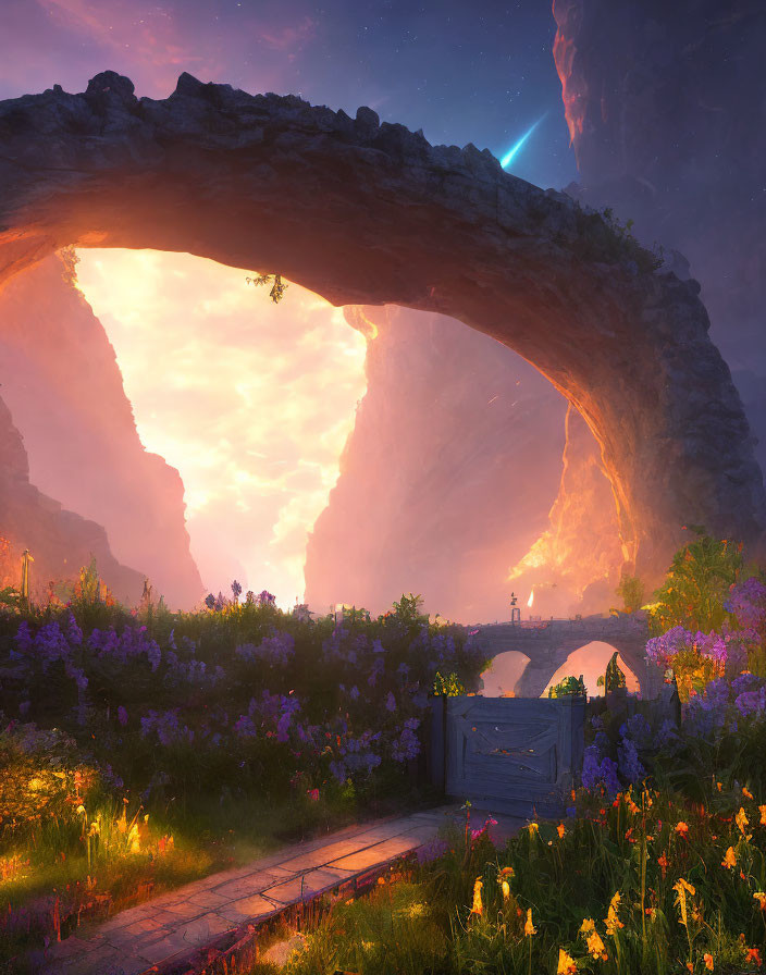 Fantasy landscape with stone bridge, vibrant flora, starry sky, and comet