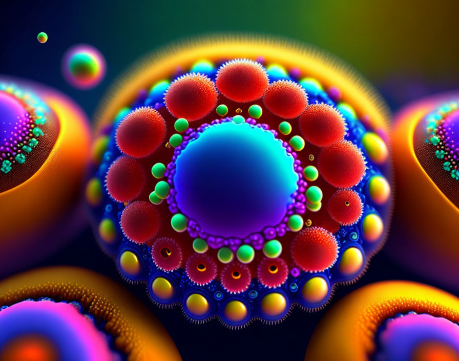 Colorful fractal art with central sphere and orbs on dark background