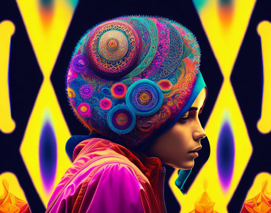 Colorful Profile Portrait with Ornate Headdress on Psychedelic Background