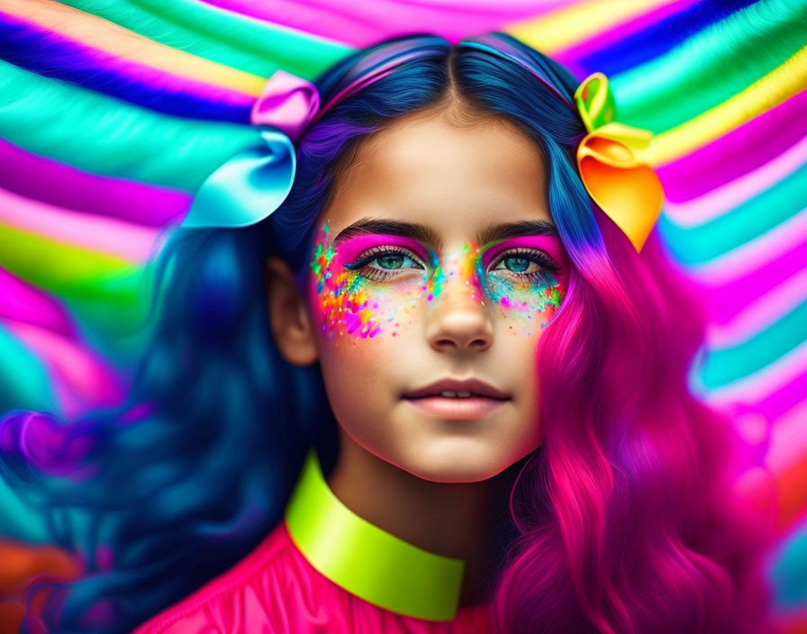 Colorful Rainbow-Haired Girl with Glitter and Ribbons