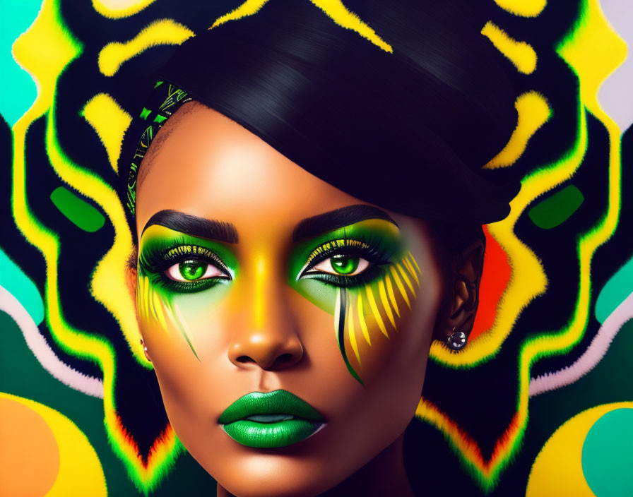 Colorful digital portrait of a woman with green eye makeup and abstract background