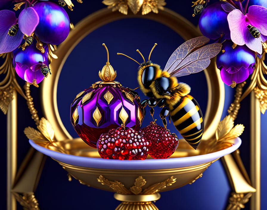 Realistic bee sculpture with ornate baubles and purple flowers on blue backdrop