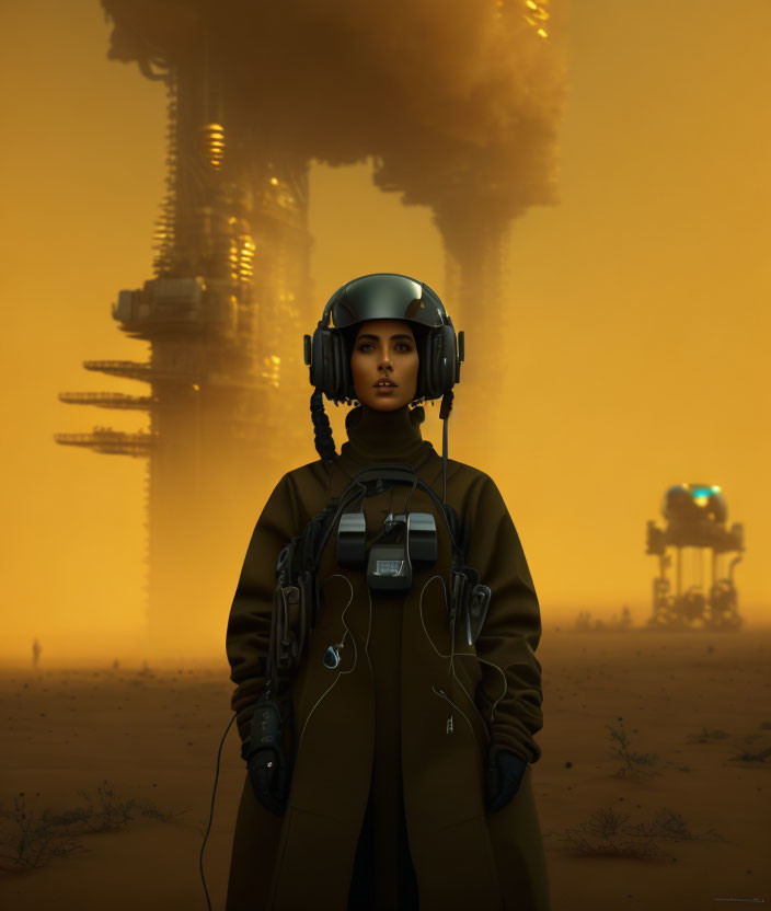 Futuristic person in helmet and suit near towering structure in desert environment