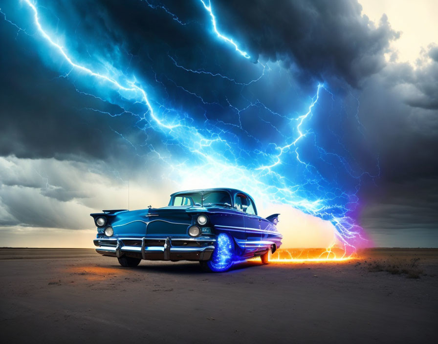 Vintage Blue Car in Intense Lightning Storm