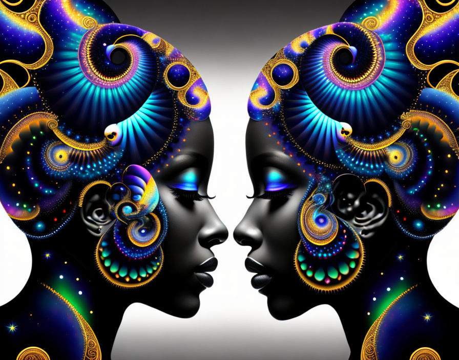 Symmetrical cosmic and fractal-inspired women profiles in vibrant blue and purple hues