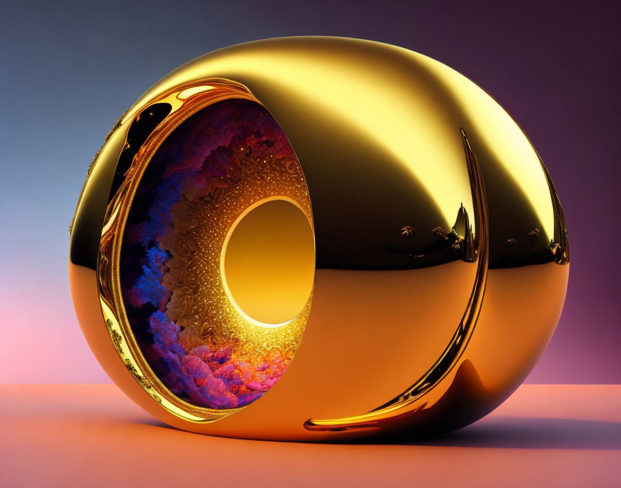 Shiny golden sphere with colorful crystalline interior on gradient background