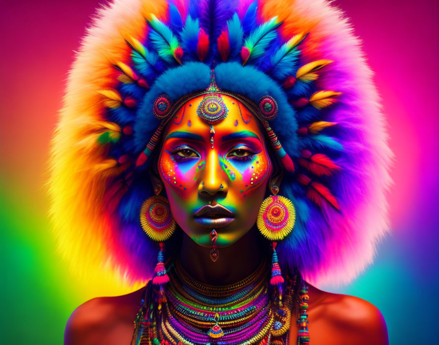 Colorful Feather Headdress and Tribal Face Paint on Person Against Multicolored Background