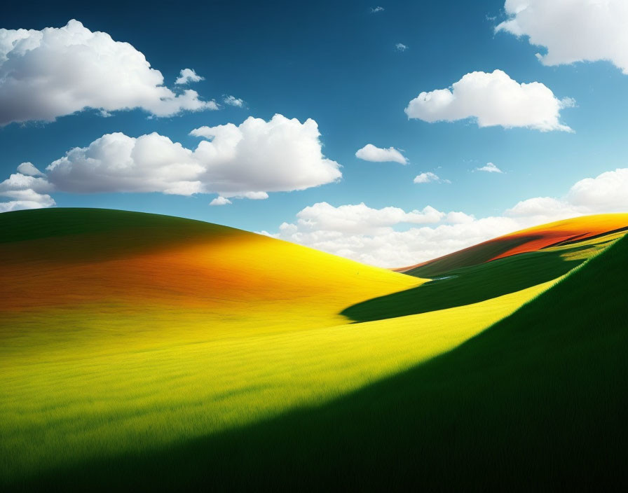 Vibrant blue sky over rolling green hills and fluffy white clouds