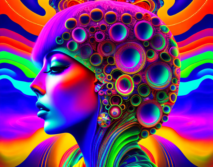 Colorful Psychedelic Art: Woman's Profile with Circular Fractals