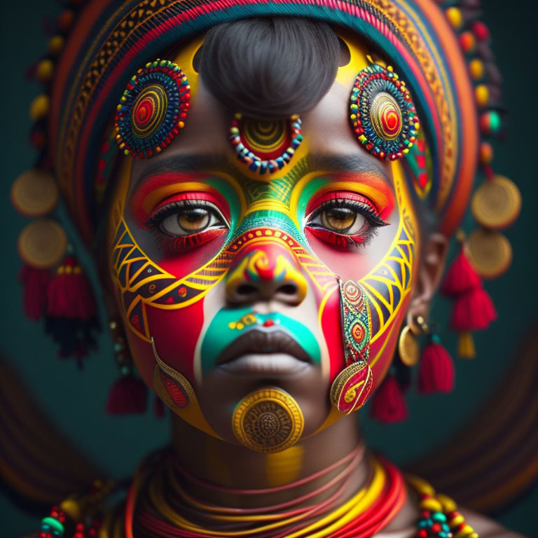 Colorful tribal face paint and traditional headdress in close-up portrait