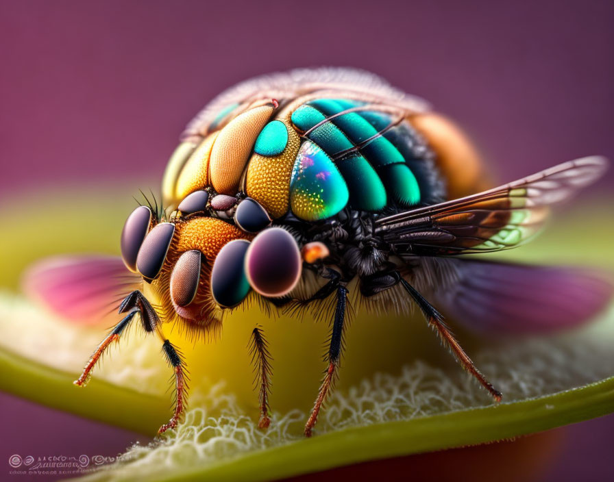 Colorful fly with iridescent eyes and intricate wings on plant stem