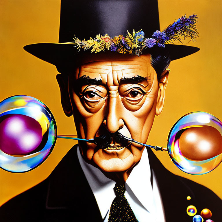 Stylized portrait of man with flowered bowler hat blowing colorful bubbles