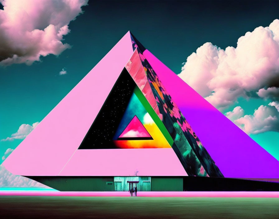 Vibrant neon pink and blue pyramid with figure in surreal teal sky