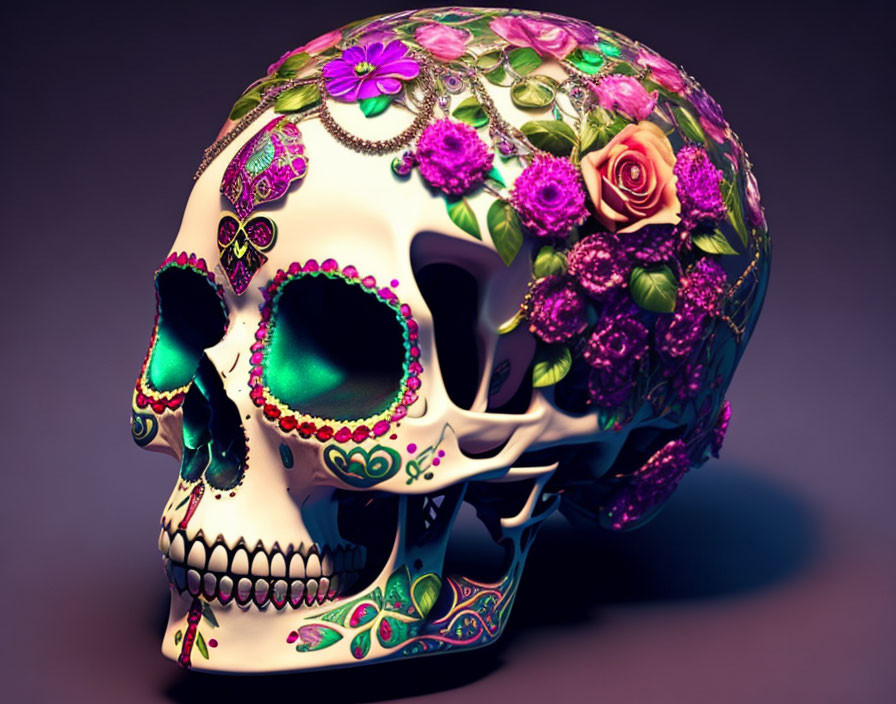 Colorful Skull Decorated with Floral Patterns for Dia de los Muertos