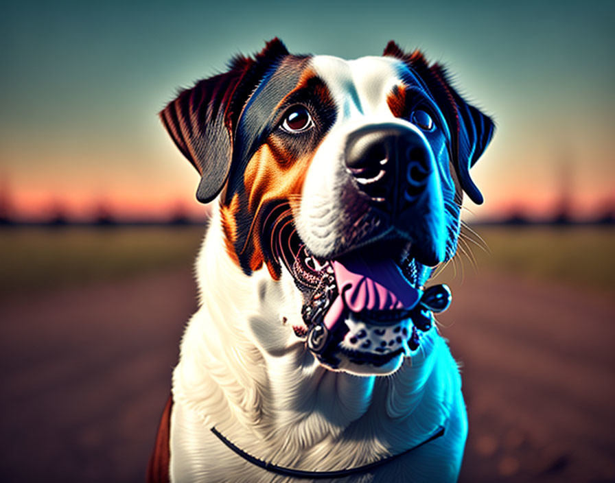 Brown and White Dog with Collar Tongue Out in Sunset Field