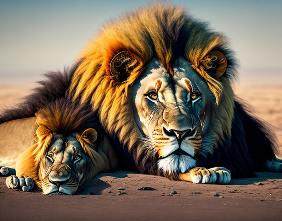 Majestic lions with magnificent manes resting on sand