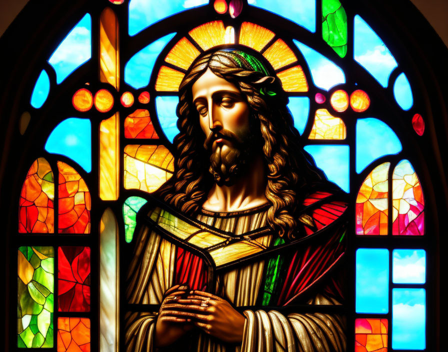 Solemn figure in traditional robes depicted in vibrant stained glass