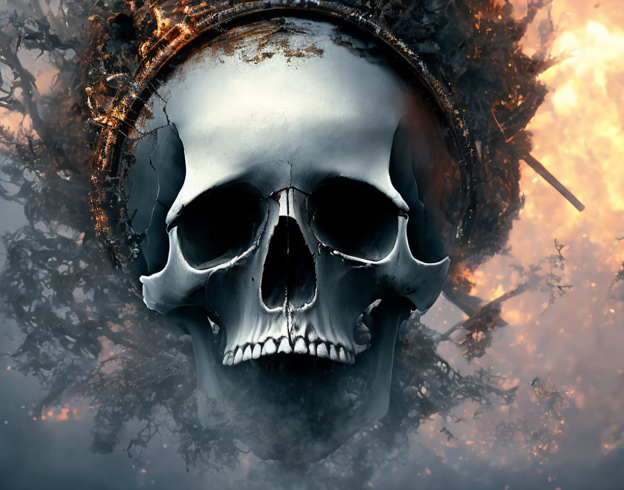 Dark Fantasy Skull Artwork with Fiery Halo and Smoky Background